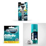 Gillette Mach3 Razor - 1 Count and Gillette Mach 3 Manual Shaving Razor Blades - 4s Pack (Cartridge) combo pack and Gillette Sensitive Skin Shave Foam - 418 g super value combo pack