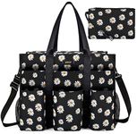 IBFUN Utility Tote Bag with 14/24 Pockets Zip Top Teacher Tote Bag for Teacher/Work Women, L-black/Daisy, Large