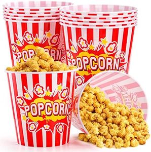 YOUEON 12 Pack Large Plastic Popcorn Bowls, 95 Oz Reusable Popcorn Containers in Red & White Striped Retro Style, Popcorn Buckets for Movie Night, Theater, Party Theme