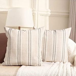 AELS 18x18 Decorative Farmhouse Linen Throw Pillow Covers, Boho Textured Pillow Case, Set of 2, Beige with White & Gray Stitch Yarn Dyed Stripe Cushion Cover for Sofa Couch Living Room (Cover ONLY)