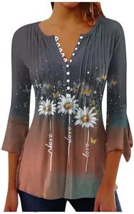 PBNBP Womens summer tops 2025 Ladies Summer Fashion Clothes Ombre Bell Sleeve Henley 3/4 Sleeve Blouses Pleated Floral Loose Fit Beach Tops Womens casual tops