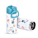 HYDRATE Bottles Stainless Steel Water Bottle Kids - 350ml - Dino Print - Leak-Proof Lid - Easy To Open One-Hand Operation - Ideal for School and Outdoor Activities - Toddler Water Bottle with Straw