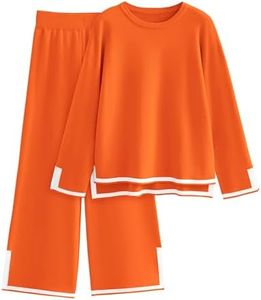 Tanming Women's 2 Piece Outfits Long Sleeve Knit Sweater Top Wide Leg Pants Lounge Sets Tracksuits(Orange-XXL)