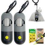 Dog Poo Pickup Bags Holder with LED Flashlight|Pet Waste Bags Dispenser with Lead Leash Clip|Dog Poop Trash Bags Carrier with Carabiner Fastener Elastic Rope LR44 Button Cells