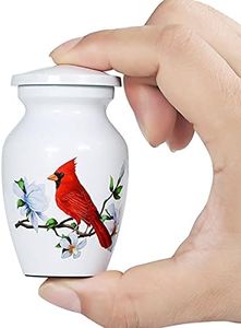 ICOKEE Red Cardinal Bird Small Keepsake Urn for Human Ashes or Pet Ashes - Aluminum Mini Cremation Urn for Ashes - White Memorial Ashes Holder - Qty 1- with Velvet Bag