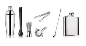 Dynore Stainless Steel 7 Pcs Bartender Martini Kit Set Teardrop Bar Spoon, Cocktail Shaker 750 Ml, Tall Peg Measure 30/60 Ml, Black PVC Muddler, Ice Tong, Cocktail Strainer, Hip Flask 7 Oz