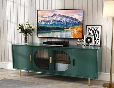 ARTPOWER Modern TV Stand for TVs up to 70+ inch, Glass Door Television Console Table with Gold Leg, Entertainment Center with Storage Cabinet, Wood Media Furniture for Bedroom, Living Room, Green