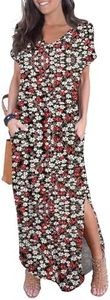 GRECERELLE Women Casual Sundress Short Sleeve Long Tshirt Dress Split Maxi Beach Dresses Travel Vacation Outfits L, Black Daffodil