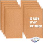 Anzices Cork Bulletin Board, 10 Pack 1/2" Thick Cork Boards Frameless Cork Tiles Self-Adhesive Corkboards Rectangular Wall Decor with 100Pcs Push Pins for Office, School and Home - 17x8 Inch