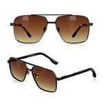 LUENX Polarized Square Aviator Sunglasses for Men, Trendy Retro Oversized Rectangular Gradient Brown Lens Black Metal Frame 61mm