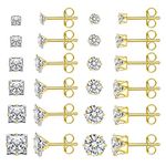 ALEXCRAFT Hypoallergenic Gold Stud Earrings for Women Men Stainless Steel Cubic Zirconia Earring Set for Multiple Piercings 12 Pairs (3,4,5,6,7,8MM)