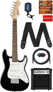 Fender Squier 3/4 Size Kids Mini Strat Electric Guitar Learn-to-Play Bundle w/ Amp, Cable, Tuner, Strap, Picks, Fender Play Online Lessons, and Austin Bazaar Instructional DVD - Black