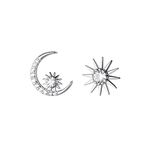 Reffeer Solid 925 Sterling Silver CZ Moon Star Earrings Stud for Women Earrings Moon Sun Studs Earrings Asymmetric (A-Silver)
