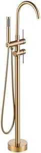 Freestanding Bathtub Faucet Brushed Gold, Floor Mount Tub Filler, High Flow Brass Shower Faucets with Handheld Sprayer for Bath
