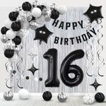 16th Birthday Decorations for Boys Girls Black Silver,Sweet 16 Happy Birthday Decor Set Including Number 16 Balloons, Balloon Arch Kit,Foil Fringe Curtains for 16 year old Bday Party Supplies.