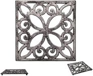 Comfify Decorative Cast Iron Trivet for Kitchen Or Dining Table | Square with Vintage Pattern - 6.5 x 6.5 | with Rubber Pegs/Feet - Recycled Metal | Vintage, Rustic Design - Rust Silver Color