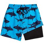 Boys Swim Trunks Little Boys Bathing Suit Swim Shorts with Boxer Brief Liner Quick Dry Beach Swimsuit Compression Shorts 3-14 Years (7-8 Years, Blue Shark)