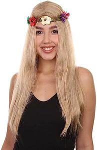 HPO Adult Women's Activist of Big Cats Wig With Flower Crown | Long Straight Blonde Hair