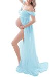 ZIUMUDY Maternity Off Shoulder Chiffon Gown Photography Lace Split Front Maxi Dress for Photoshoot (X-Large, Light Blue)