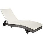 Outsunny Wicker Chaise Lounge, Outdoor Lounge Chair, 5-Level Adjustable Backrest S-Shape Rattan Lounger with Cushion & Wheels for Patio, Deck, Poolside, Cream White