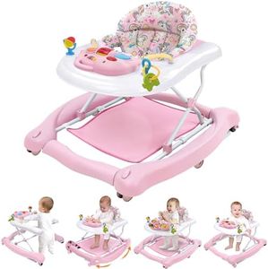 Foldable Baby 5-in-1 Activity Walker - Rocker, Activity Center, Bouncer, Seat Walker, Push Walker - Adjustable Speed Rear Wheels and Height Toys Ages 6-18 Months… (Pink)