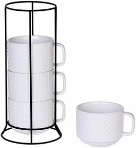 Buyajuju Porcelain Stackable Coffee Mugs Set of 4 with Metal Stand, 13 Ounce Stackable Different Embossment Coffee Cup holder for Coffee, Tea, Cocoa, Drinks, White