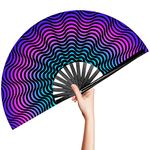 OMyTea Rave Hand Fan Foldable for Women/Men/Drag Queen - Large Clack Festival Folding Hand Fan - for EDM, Music Festival, Event, Party, Dance, Performance (Neon Trippy)