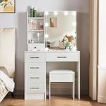 Vanity Desk with Light and Mirror and 10 LED Lights, Makeup Desk with Side Shelves and 6 Drawers, Vanity Set with Upholstered Stool, 3 Lighting Modes, White