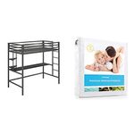 Novogratz Maxwell Metal Loft Bed with Desk & Shelves, Twin, Gray/Black & LINENSPA Premium Smooth Fabric Mattress Protector - 100% Waterproof - Hypoallergenic - Top Protection Only - Vinyl Free - Twin