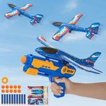 VCOSTORE Airplane Launcher Toy - Styrofoam Throwing Glider Foam Plane with Catapult Gun, Darts, Softball and Sticker, Outdoor Plane Toy Boys Girls Birthday Gift for age 6+ Years (Blue)