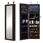 SDHYL Full-Length Jewelry Cabinet Mirror, Wooden Lockable Standing Chest Armoire Wardrobe Organizer with 6 LED Light Inside, Brown S7-QH-7025-BW-N-CA