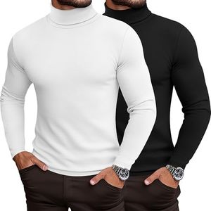 Ficerd 2 Pack Men's Turtle Neck Shirts, Lightweight Cotton Pullover Sweater Slim Fit Mock Turtleneck Knitted Long Sleeve Tops, Black, White, Large