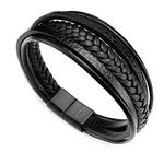 Murtoo Mens Leather Bracelet with Magnetic Clasp Cowhide Multi-Layer Braided Leather Mens Bracelet (Black, 7.50)