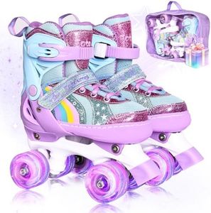 Roller Skates for Girls Age 3-12 | Rainbow Toddler Roller Skates for Kids Ages 3-5 | 4 Size Adjustable | Light Up Quad Roller Skates for Girls Boys Beginners, Girls Skates Age 8-12 for Outdoor Sports