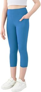 MEJING Girls Indigo Blue Leggings Size 14-16, Teen Girls Athletic Capri Leggings, High Waisted Yoga Pants with Pockets, Stretch Workout Dance Gym Activewear
