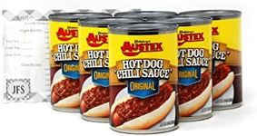 Austex Hot Dog Chili Sauce by Castleberry, 6-10 Ounce Cans bundled with a JFS Recipe Card.