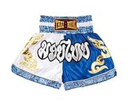 MUAY NATION Muay Thai Shorts for Men Women Slim Cut MMA Boxing Shorts Training Kickboxing Clothing Martial Arts Trunks, White/Blue, X-Large