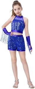 LOLANTA Girls Crop Top Shorts Set with Tassel Arm Sleeve (Blue, 8-9Y)