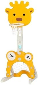 Keezi Kids Basketball Hoop Stand Height Adjustable, 5-in-1 Sports Center with Soccer, Ring Toss, Golf, Music Box Indoor Outdoor Adults Youth Ball Goal Game, in 58-95cm Heights Yellow