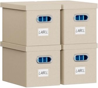 FHSQX File Box with Lid-File Organizer Box Set of 2 Portable Hanging File Box-Decorative Filing Storage Boxes for Office & Home File Cabinet (Beige, 14 x 9.3 x 10.9 in (4Pack))