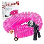 Yereen Coil Garden Hose 50FT, EVA Recoil Garden Hose, Transparent Self-coiling Water Hose with 3/4" Brass Connector Fittings with 7 Function Spray Nozzle, Pink