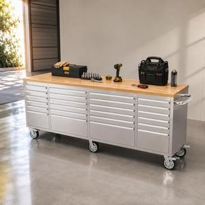 Garvee 96-Inch Heavy-Duty Rolling Tool Chest & Mobile Workbench with 24 Drawers, Rubber Wood Tabletop, Key Locking System, Drawer Liners and Wheels, Steel Storage Cabinet for Garage, Workshop
