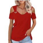 Mzkdieey Womens Fashion Cold Shoulder Tops Sexy V Neck O Ring Shoulder T-Shirt Summer Casual Solid Color Blouse Tunic Shirts Red