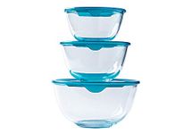 Pyrex - Set of 3 resistant glass mixing/salad bowls with lids - 0.5L - 1L - 2L - Made in France