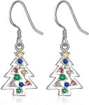 Christmas Tree Earrings for Women Sterling Silver Dangle Cute Cubic Zirconia Holiday Drop Earrings Studs Xmas Gifts Jewelry, Sterling Silver, Cubic Zirconia