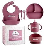 Kiddaroo Baby Weaning Set - Suction Bowl & Plate, Sippy Cup with Straw Lid, Spoon & Fork, Adjustable Bib - Food-Grade Silicone, Safe for Microwave, Oven, Freezer, Dishwasher - with BLW eBook - Pink