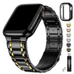 Fullmosa Metal Bands With Case Compatible Apple Watch Strap 45mm 44mm 42mm, Steel Apple Watch Band for iWatch Series 9 8 7 6 5 4 3 2 1 SE2 SE,42mm 44mm 45mm,Black and Gold [Watch NOT Included]