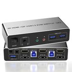 Dual Monitor HDMI+DisplayPort KVM Switch 2 Computers 2 Monitors Support 4K 60Hz, USB 3.0 KVM Switcher for 2 Computers Share Dual Monitors and 3 USB 3.0 Ports with Audio Mic, Extended & Mirror Mode