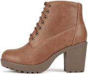 Soda Second Lug Sole Chunky Heel Combat Ankle Bootie Lace up w/Side Zipper, Cognac Pu, 9