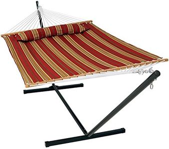 Sunnydaze Quilted Double Hammock with 12-Foot Stand and Pillow - 350-Pound Capacity - Black Stand - Red Stripe